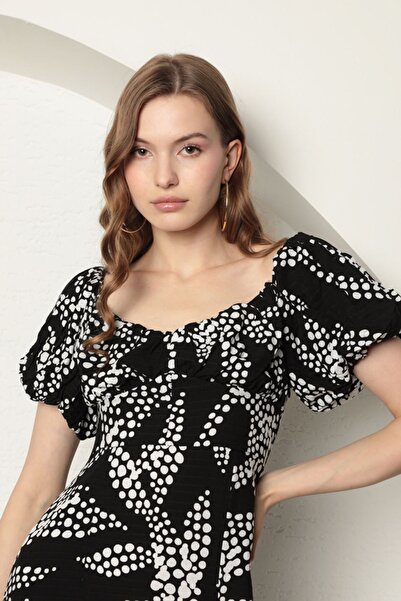 lovebox Новий сезон віскозна тканина з візерунком сніжинок, рукави-ліхтарики, квадратний комір, сукня середньої довжини