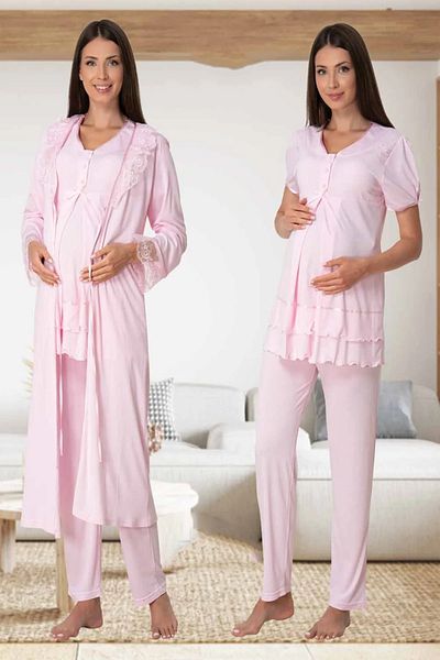 LOHOUSE Women's Powder Colored Pajamas and Dressing Gown Set - Princess Sleeves, Cotton, for Pregnant Women and Maternity