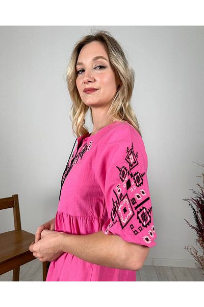 Butik Serdivan Pink Vintage Ethnic Trend - Γυναικείο Φόρεμα, Κέντημα με Φούντες