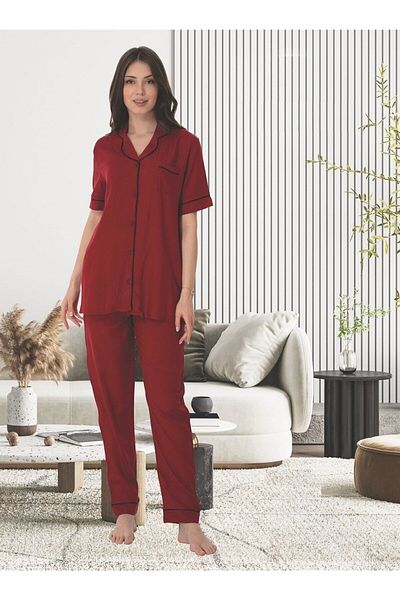 LOHOUSE Claret Red Women's Pajama Set - No Button at the Front, Short Sleeve, Pregnant Maternity LOHOUSE
