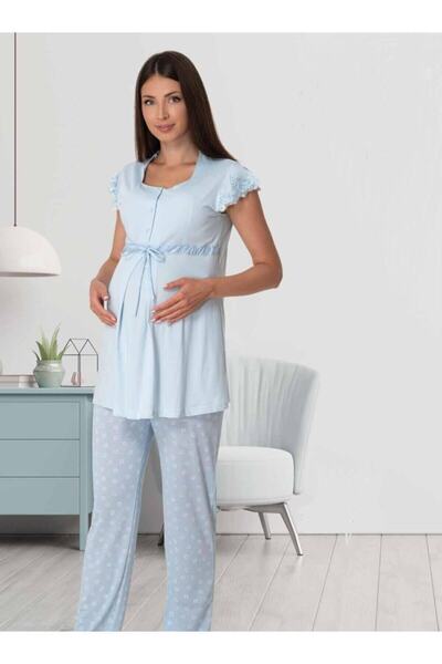 LOHOUSE Kadın LOHOUSE Mavi Desenli Yumuşacık Lohusa Hamile Pijama Takımı