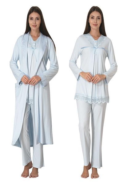 LOHOUSE Set pijamale de maternitate și rochii de toaletă din bumbac cu volan albastru - Set de 3