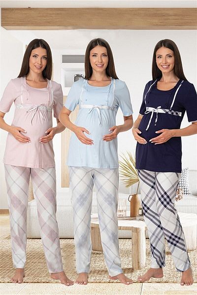 LOHOUSE Set de pijamale de maternitate și de maternitate cu mâneci scurte în carouri albastre - bumbac