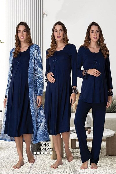 LOHOUSE Navy Blue Patterned Cotton Maternity and Maternity Pajamas Set - Long Sleeve, Dressing Gown Set