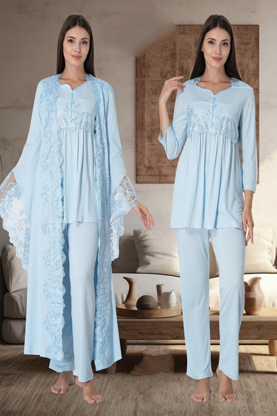 LOHOUSE Kadın Mavi Tasarım Prenses Kollu Pamuklu Hamile Lohusa Sabahlık Pijama Takımı Set