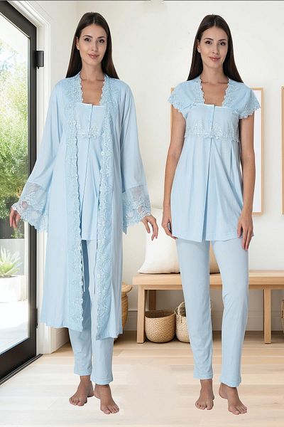 LOHOUSE Set pijamale și halate de toaletă pentru femei cu design albastru - mâneci prințesă, maternitate de maternitate din bumbac