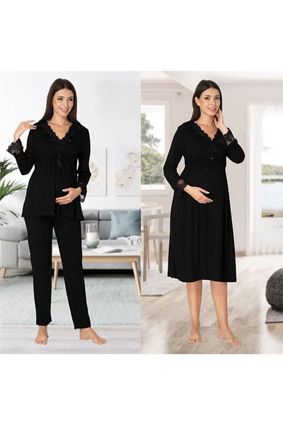 LOHOUSE Black Lace Nightgown Pajamas Set for Pregnant and Maternity