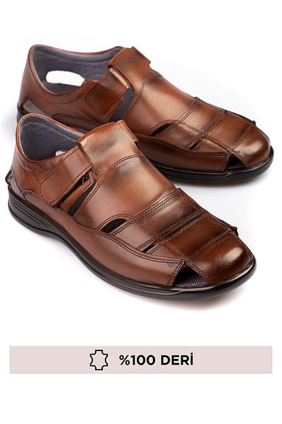 depderi Genuine Leather Men's Sandals - Velcro and Comfortable