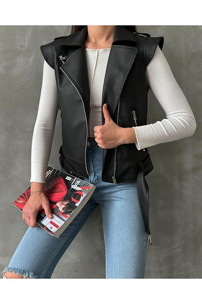MEECY Schwarze Bikerweste aus Leder für Damen