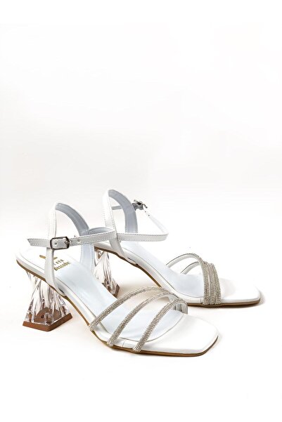 bescobel Women's Pessa White Ankle Strap Stone Piping Detailed Twist Heel Shoes Sandals