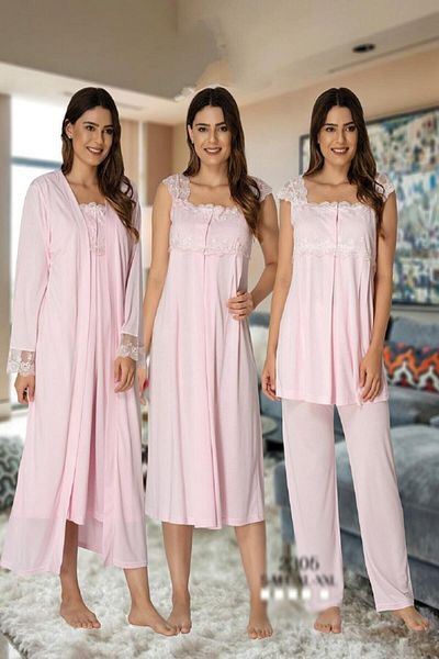 by İGP Pink Lace Cotton Nightgown and Pajama Set for Pregnant and Maternity - Morning Gowns Set 4-Piece Effortt