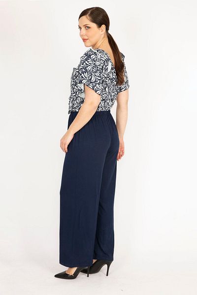 Şans Marineblauer Jumpsuit mit Volant, große Größe, elastische Taille, 65N37904