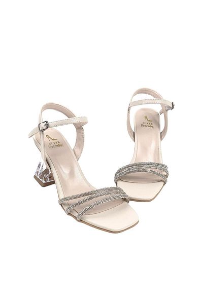 bescobel Women's Pessa Skin Ankle Strap Stone Piping Detailed Twist Heel Shoes Sandals 8Cm 313