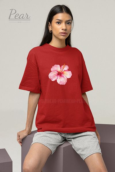 Pear Wear Μπλουζάκι Unisex με στάμπα λουλουδιών ιβίσκου Oversize T-shirt