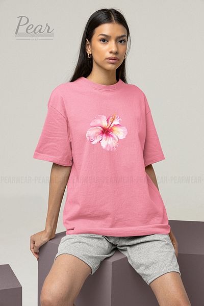 Pear Wear Μπλουζάκι Unisex με στάμπα λουλουδιών ιβίσκου Oversize T-shirt