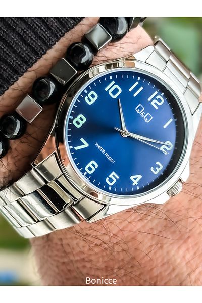 Q&Q Brand Steel Cord, Waterproof, Silver Color Men's Wristwatch Bracelet with Calendar