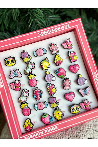 QUEEN AKSESUAR 30 Pieces Unicorn and Butterfly Patterned Fruit Heart Animal Kids Ring Set - Adjustable
