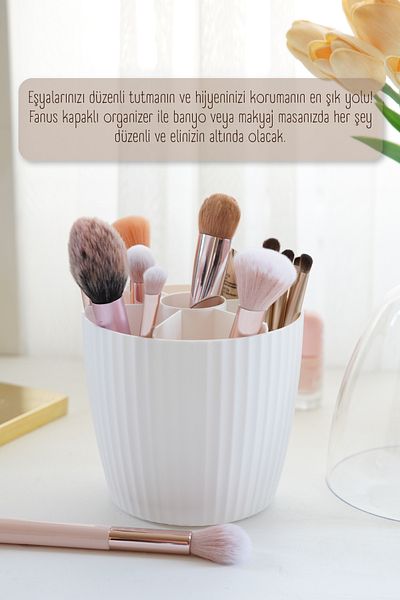 Vienev 2-Piece Fan Makeup Organizer with 7 Compartments - White