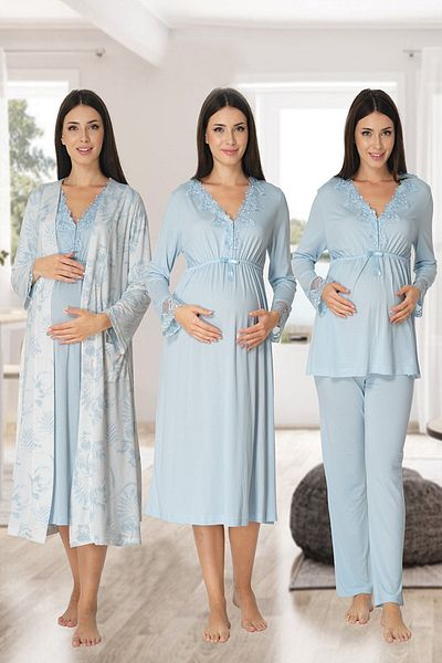 LOHOUSE Design special albastru - Rochie de maternitate și de maternitate din bumbac, set de pijamale, set de 4 cămăși de noapte