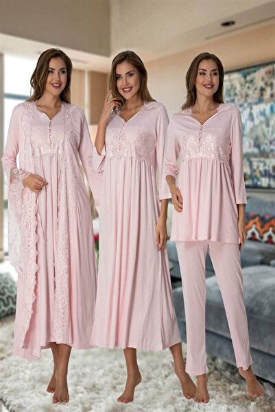 LOHOUSE طقم بيجامة وملابس نوم للنساء بتصميم وردي - قطن، أكمام الأميرة، ثوب نو...