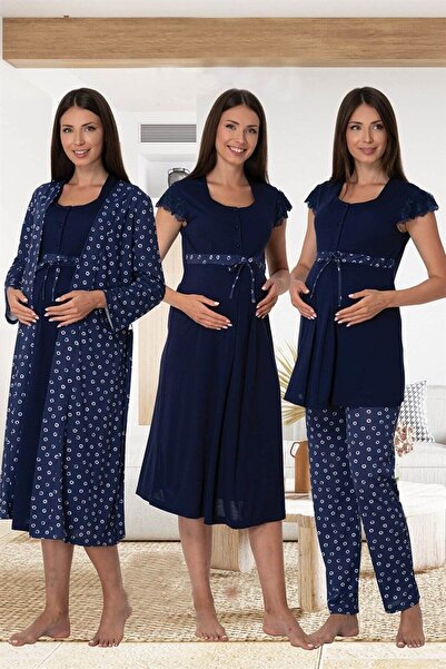 Genel Markalar Kadın Lacivert Puantiyeli  Pamuklu Hamile Lohusa Sabahlık Pija...