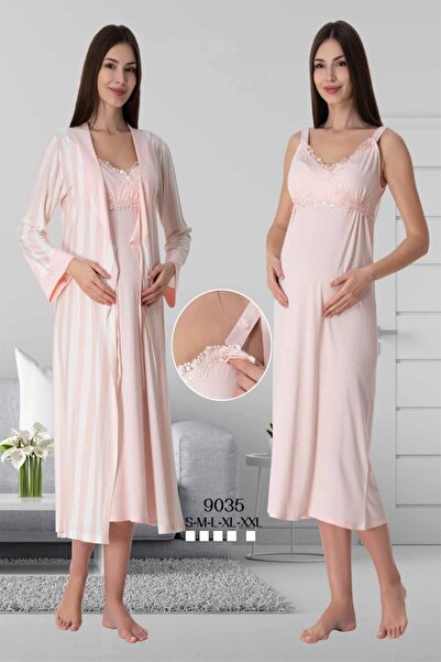 LOHOUSE طقم ثوب نوم وصباح للنساء من الدانتيل البودرة - قطن وحمالات للحوامل
