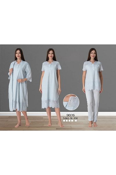 LOHOUSE Set pijamale de maternitate din in albastru si bumbac - Set camasa de noapte de maternitate