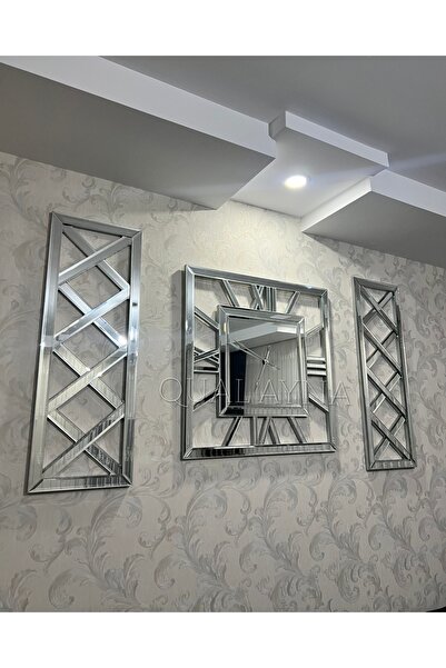 QUAL 3’lü Gümüş X Model Duvar Saati(80*80 cm) ve Dekoratif Aynalar Seti(35*100 cm)