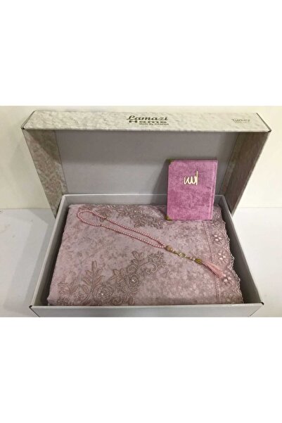 Lamazihome 3 Parça Lüks Pudra Fransız Güpürlü Kadife Seccade Yasin I Şerif Te...