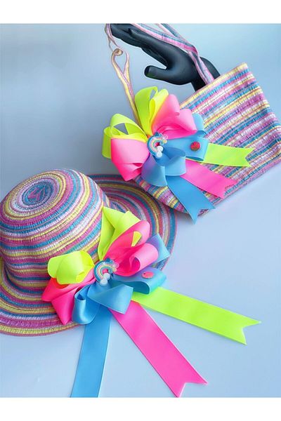 QUEEN AKSESUAR Special Design Luxury Girl's Straw Hat Beach Bag Suit Set Neon Colorful Rainbow Pink Yellow Blue