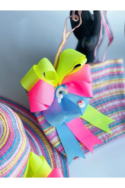 QUEEN AKSESUAR Special Design Luxury Girl's Straw Hat Beach Bag Suit Set Neon Colorful Rainbow Pink Yellow Blue