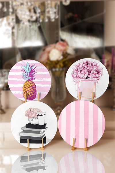 Realhomes 4-Piece Pink Motif Designed Placemat and Plate