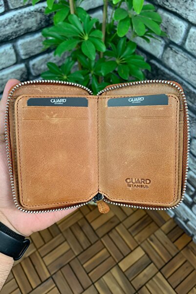 GUARD Fermuarlı Antik Taba Deri Mini Cüzdan