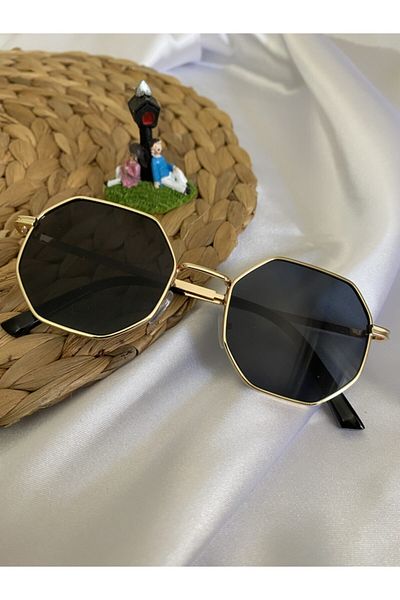 Makro Optik Unisex Gold Color Geometric Framed Black Sunglasses