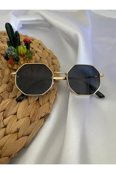 Makro Optik Unisex Gold Color Geometric Framed Black Sunglasses