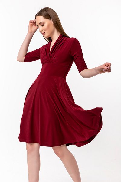 Laranor Burgundy Double Breasted Collar Detail Flared Dress