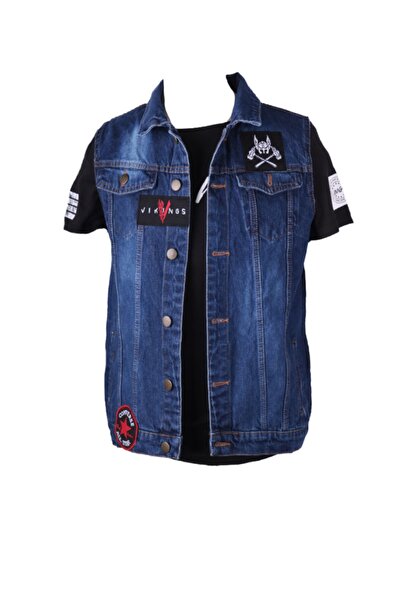 viking's line Vikings Jeans Erkek Denim Armalı Yelek Mavi Kot