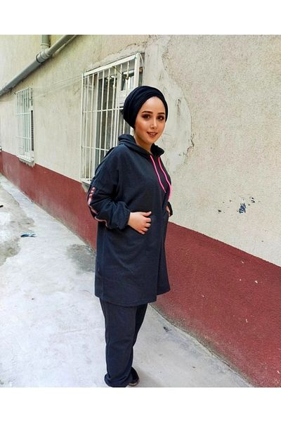 CNG MODA Hijab Anthracite Pink Highlighter Tracksuit Set