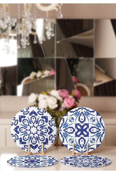 Realhomes 4-Piece Blue Tile Art Designed Placemat & Plate