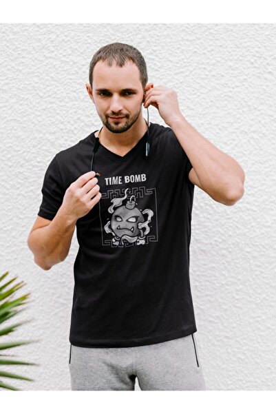 Raf Coll Tricou unisex negru cu decolteu în V, slim fit, imprimat digital