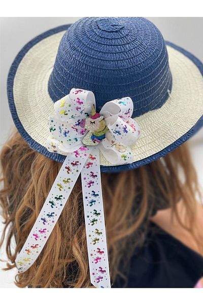 QUEEN AKSESUAR Girl's Straw Hat Beach Bag Set with Blue Bow