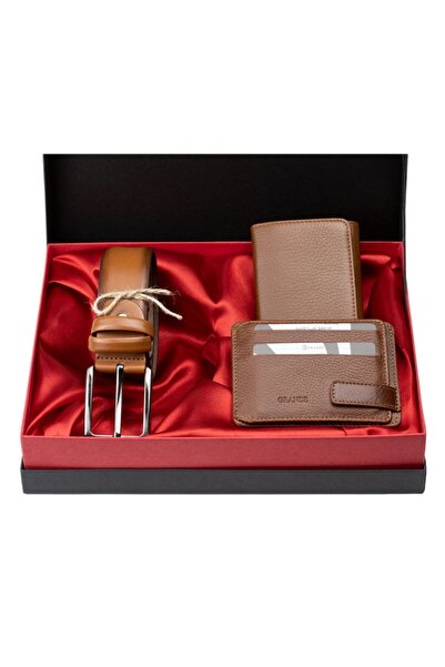 Grande طقم محفظة وحامل بطاقات وحزام للرجال من الجلد الطبيعي Hky 1414