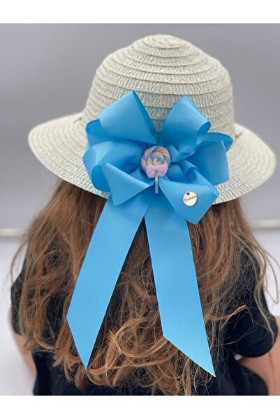 QUEEN AKSESUAR Ειδική σχεδίαση Πολυτελές Σετ Κοριτσίστικο Ψάθινο Καπέλο Τσάντα Παραλίας Τυρκουάζ ουράνιο τόξο με φιόγκο Lollipop