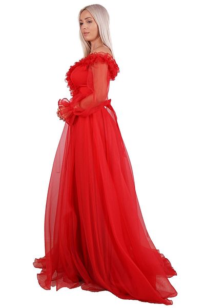 SpringStore Rochie de seară cu mânecă cu balon cu volane roșii