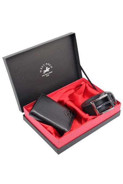 WEST POLO CÜZDAN Black Men's Father's Day Special Set Genuine Leather Wallet/belt Wpt77-131