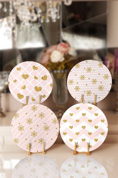 Realhomes 4-Piece Pink Striped Gold Leaf Placemat & Supla