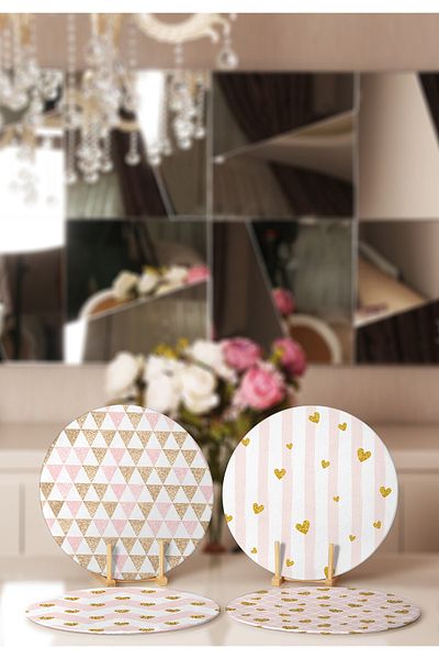 Realhomes 4-Piece Pink & Gold Detailed Heart Designed Placemat & Supla