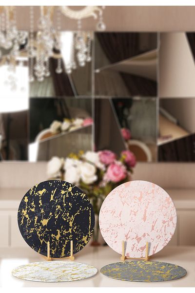 Realhomes 4-Piece Colorful Floor Gold Detailed Marble Motif Placemat & Plate