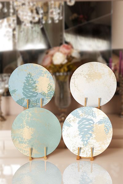Realhomes 4-Piece Colorful Floored Gold Detailed Marble Patterned Modern Placemat & Plate