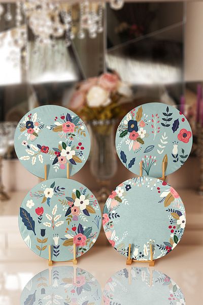 Realhomes 4-Piece Colorful Flower Patterned Modern Placemat & Plate